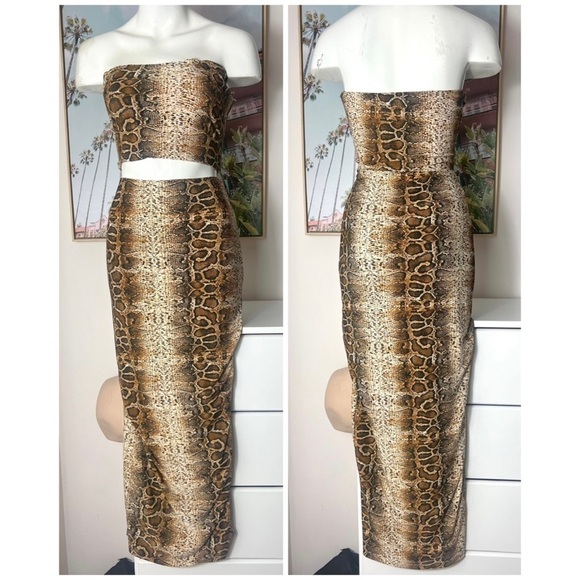 Lux LA Brown Snake Animal Print Bandeau & Maxi Bodycon Skirt Set Size Large - Picture 2 of 2